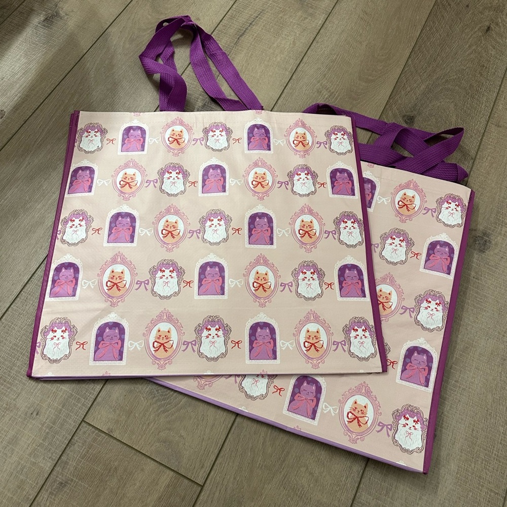 Homegoods TJMaxx Marshalls Viral Purple Cat Bow Print Tote Bags Set of 2 NWOT